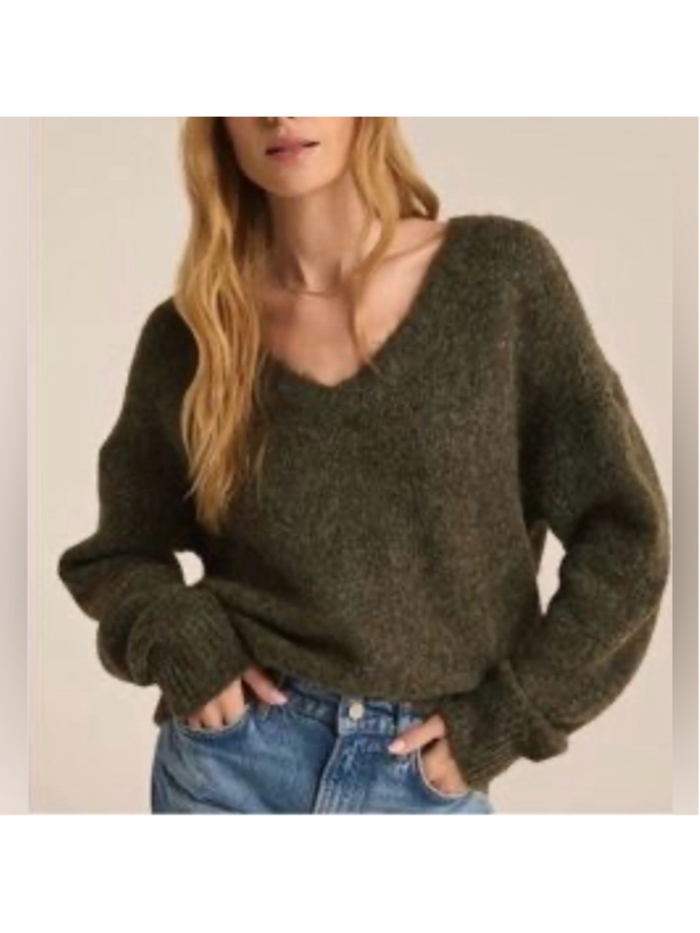 Jason Wu Women's Olive Green V-Neck Fuzzy Wool Blend Sweater Size Small